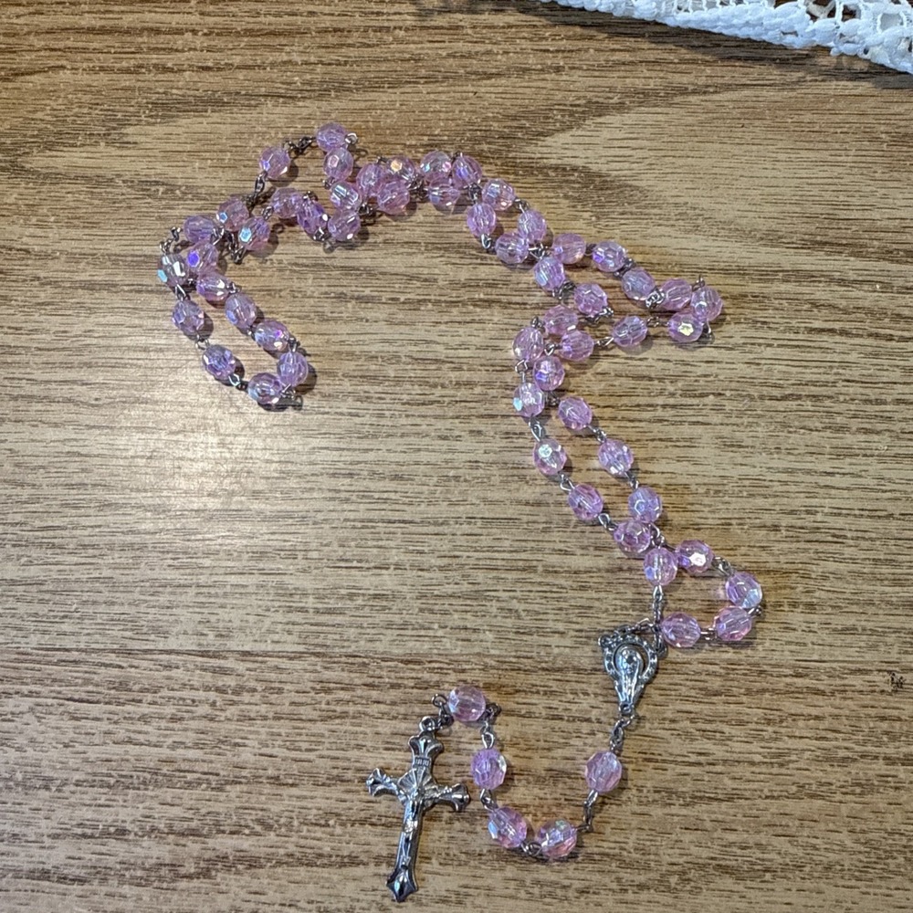 Catholic Rosary Pink Glass Rosario Catolico Cristal Religious Prayer Church